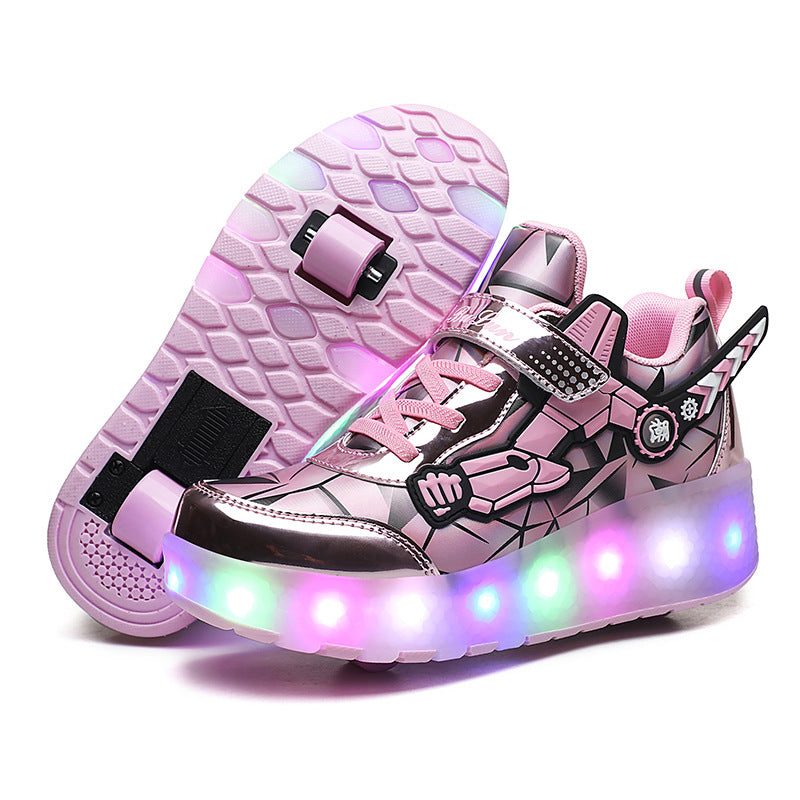 New LED Light Roller Skates - Rechargeable Pulley Shoes - Wheeled Shoes for Boys , Girls and Adults - Style 2 - Pink