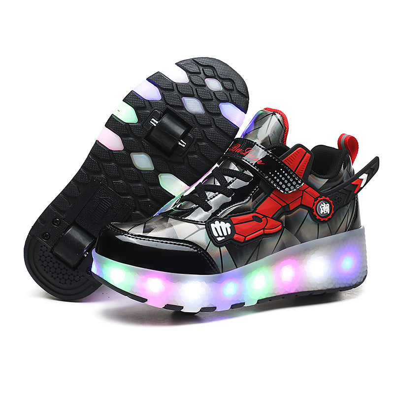 New LED Light Roller Skates - Rechargeable Pulley Shoes - Wheeled Shoes for Boys , Girls and Adults - Style 2 - Black