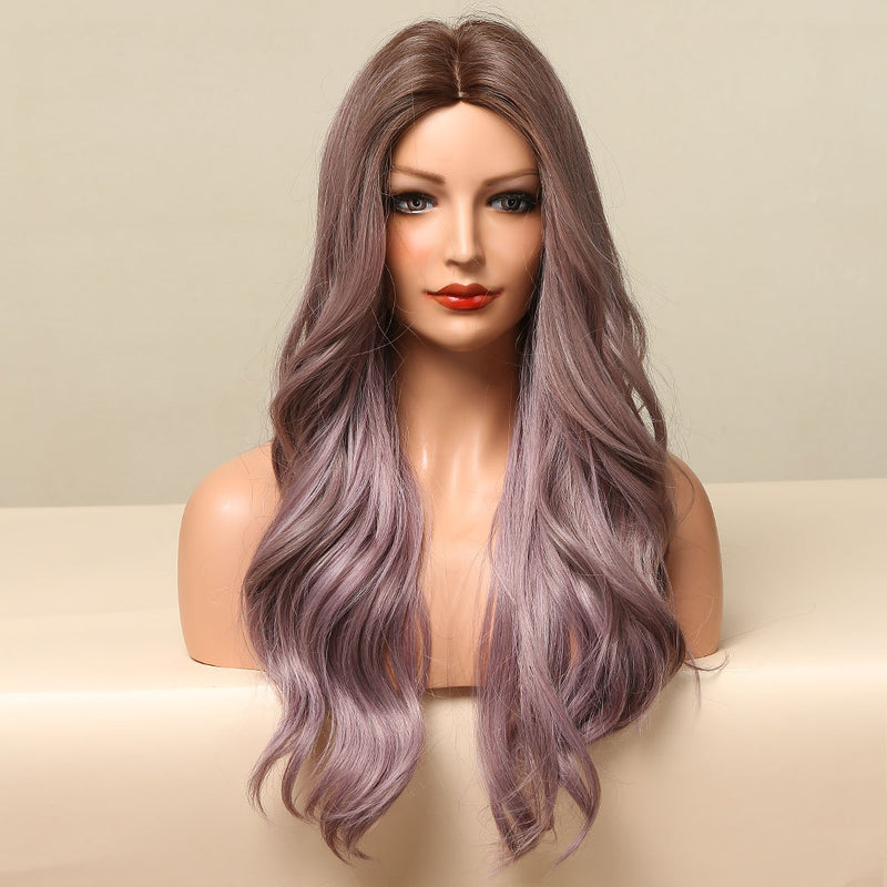 Wig Long Hair Natural Purple - Highlighting Long Curly Hair - Mid-section of European and American Style Waves - Full Head Cover