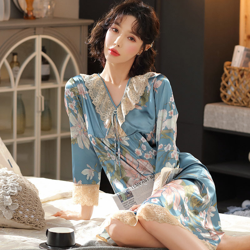 Ice Silk Pajamas Thin - V-Neck Lace Nightdress - Japanese Floral Silk Long Skirt