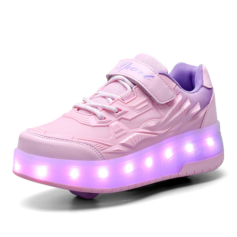 New LED Light Roller Skates - Rechargeable Pulley Shoes - Wheeled Shoes for Boys , Girls and Adults - Style 5 -  Pink