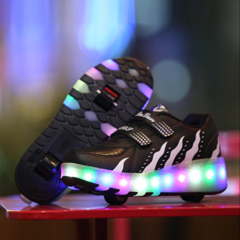 New LED Light Roller Skates - Rechargeable Pulley Shoes - Wheeled Shoes for Boys , Girls and Adults - Style 1 -  Black