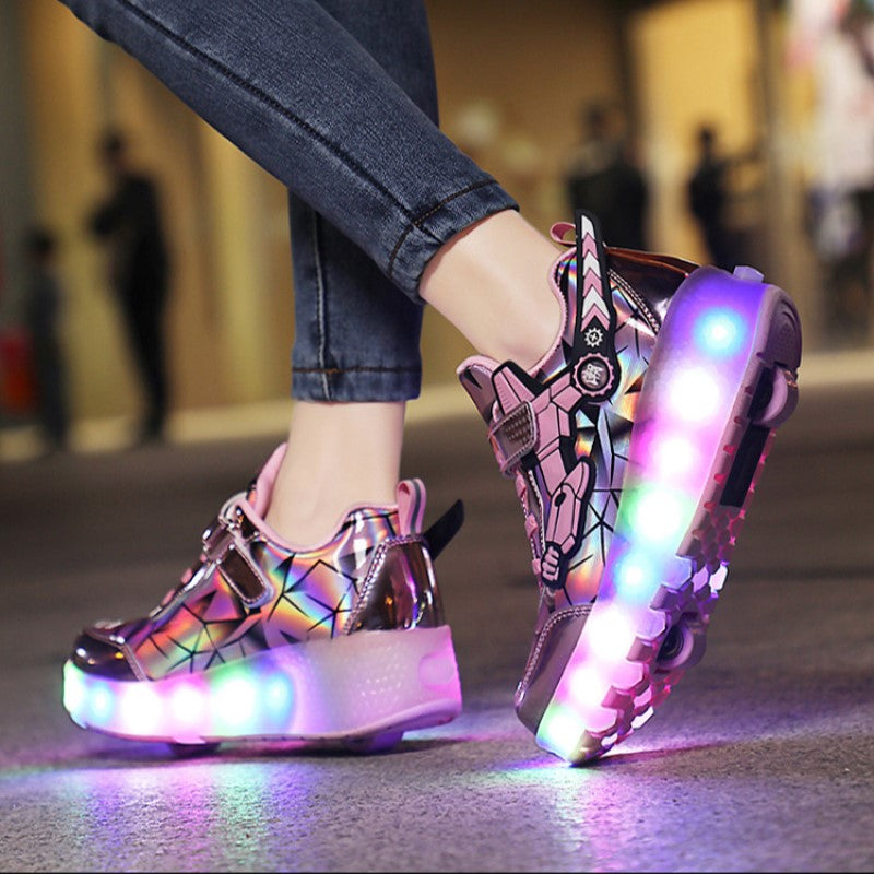 New LED Light Roller Skates - Rechargeable Pulley Shoes - Wheeled Shoes for Boys , Girls and Adults - Style 2 - Pink