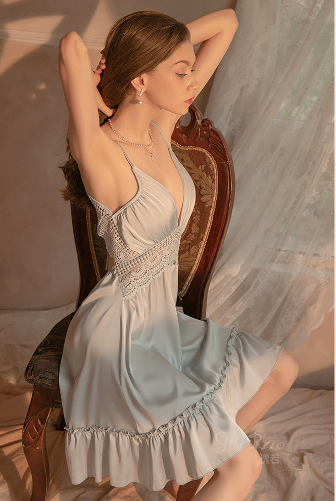 New French Long Pajamas - Satin Lace Sling Nightdress - Loungewear Set