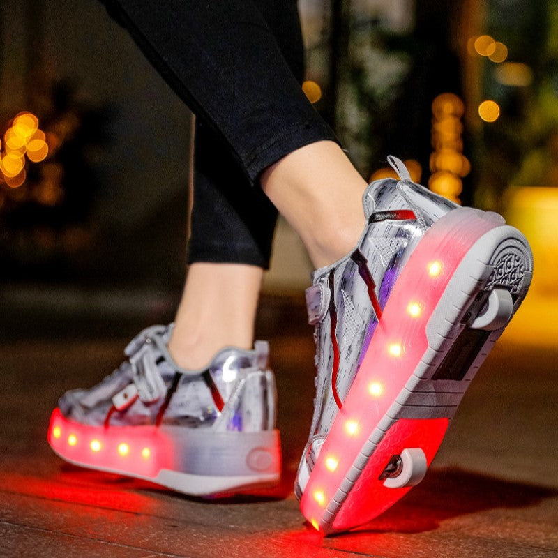 New LED Light Roller Skates - Rechargeable Pulley Shoes - Wheeled Shoes for Boys , Girls and Adults - Style 4 -  White