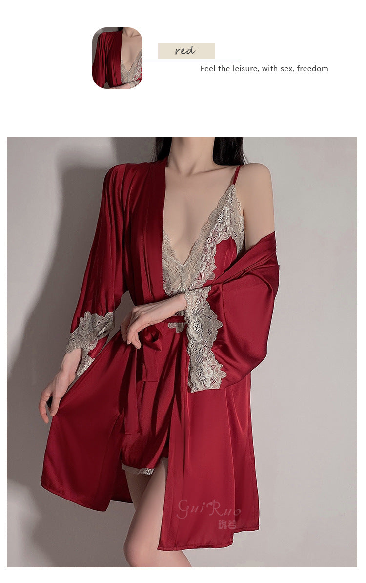 Solid Pajamas - Tie Robes Lace Satin - Sling Nightdress Loungewear Set