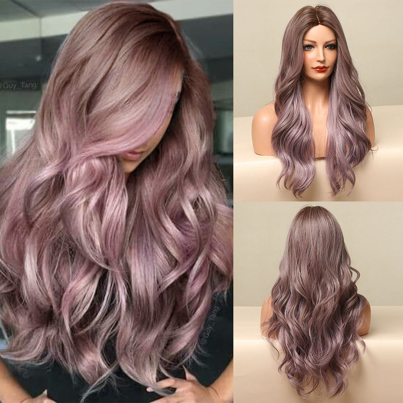 Wig Long Hair Natural Purple - Highlighting Long Curly Hair - Mid-section of European and American Style Waves - Full Head Cover