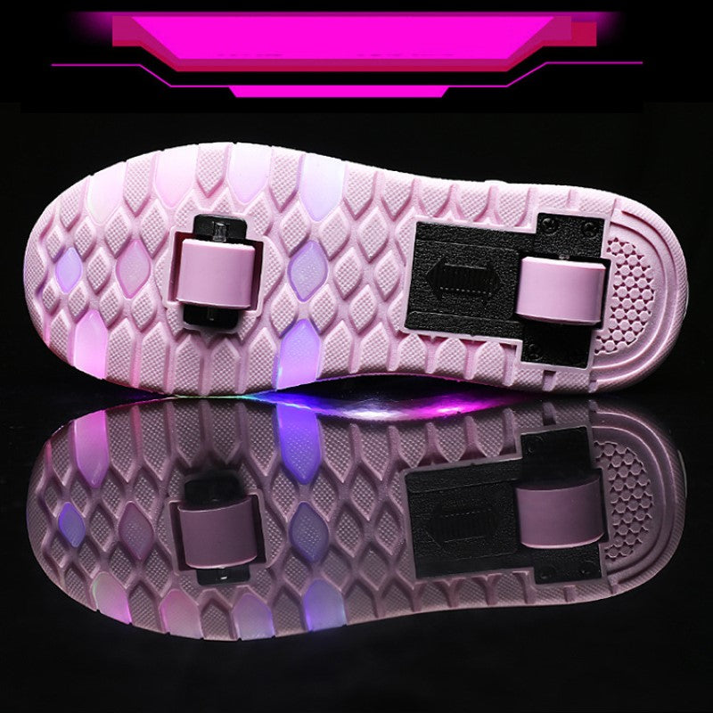 New LED Light Roller Skates - Rechargeable Pulley Shoes - Wheeled Shoes for Boys , Girls and Adults - Style 5 -  Pink