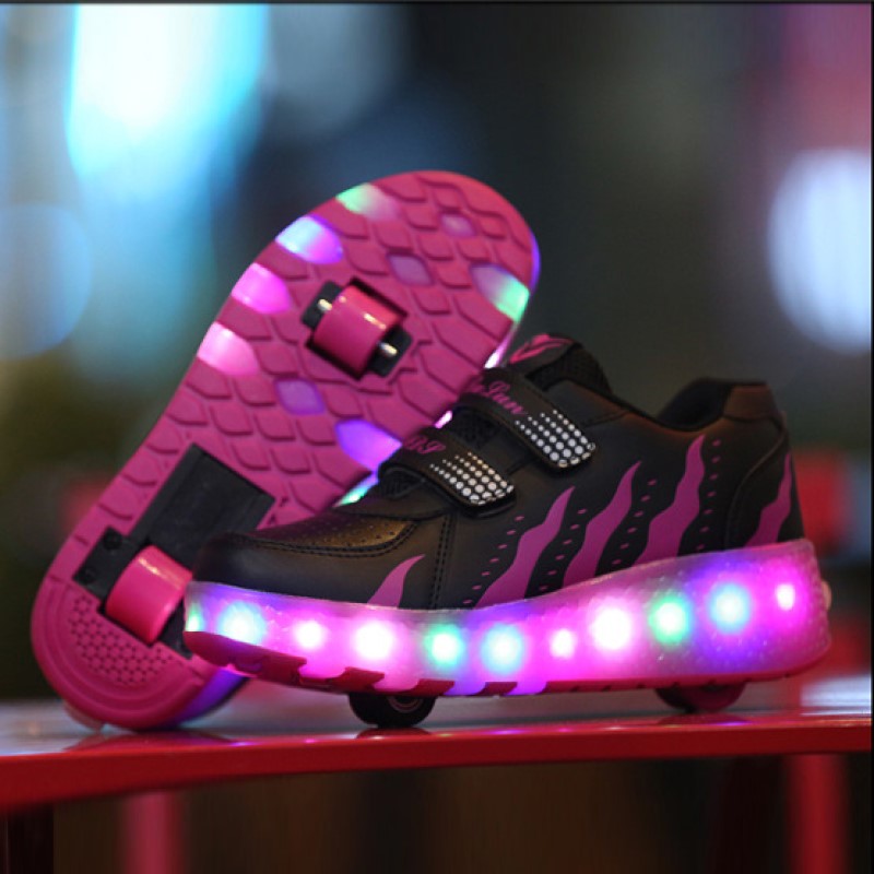 New LED Light Roller Skates - Rechargeable Pulley Shoes - Wheeled Shoes for Boys , Girls and Adults - Style 1 - Rose Red