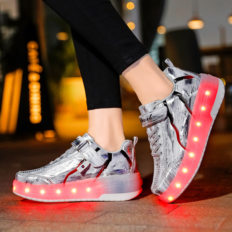 New LED Light Roller Skates - Rechargeable Pulley Shoes - Wheeled Shoes for Boys , Girls and Adults - Style 4 -  White