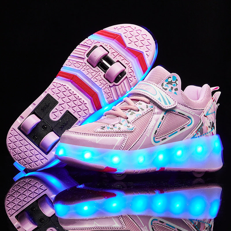 Light Up Roller Shoes for Girls Boys Double-Rows 4 Small Wheels Skate Sneakers