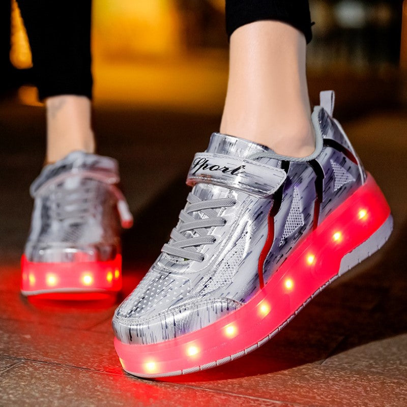 New LED Light Roller Skates - Rechargeable Pulley Shoes - Wheeled Shoes for Boys , Girls and Adults - Style 4 -  White