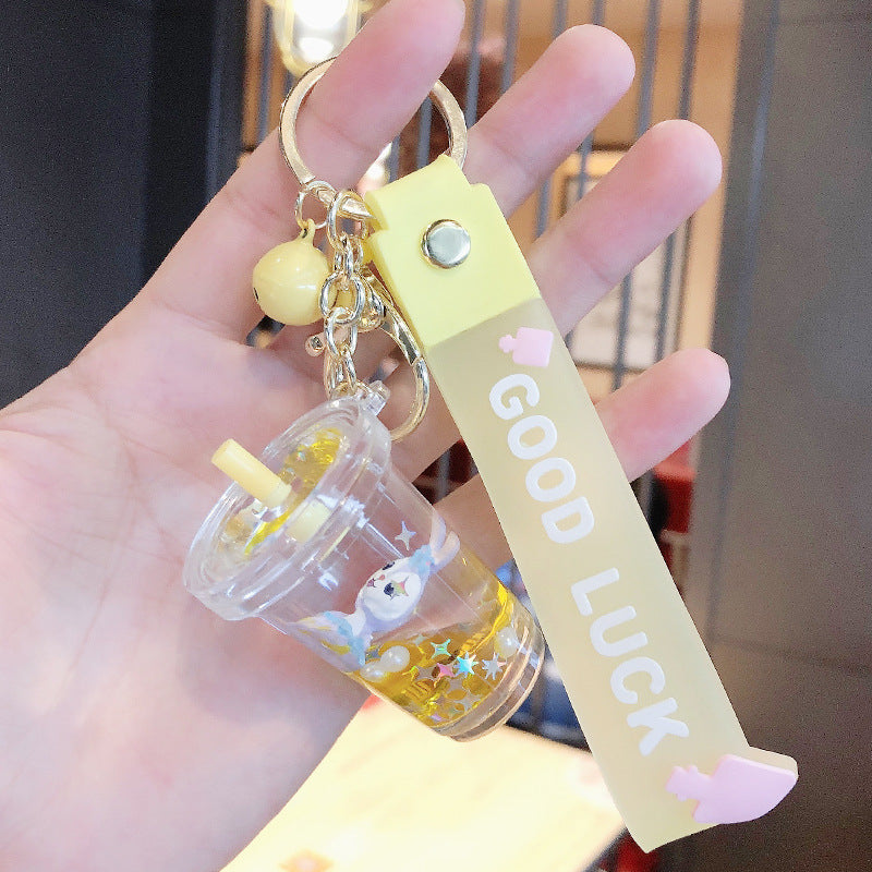 Creative Rabbit Doll Oil Keychain - Liquid Floating Milk Tea Cup Acrylic Keychain - Bag Charm