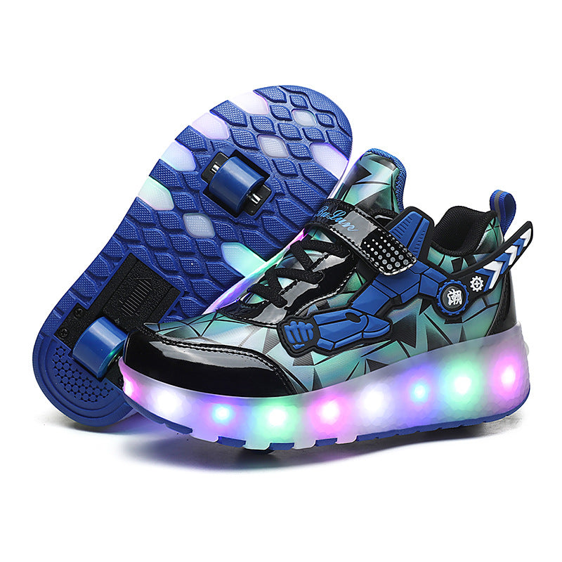 New LED Light Roller Skates - Rechargeable Pulley Shoes - Wheeled Shoes for Boys , Girls and Adults - Style 2 - Blue