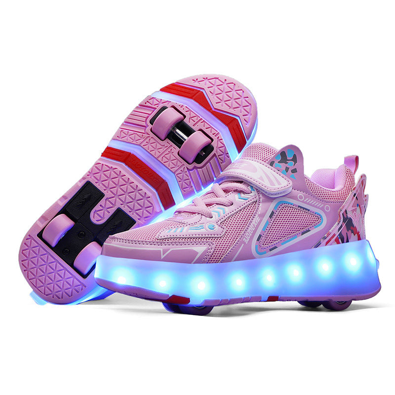 Light Up Roller Shoes for Girls Boys Double-Rows 4 Small Wheels Skate Sneakers