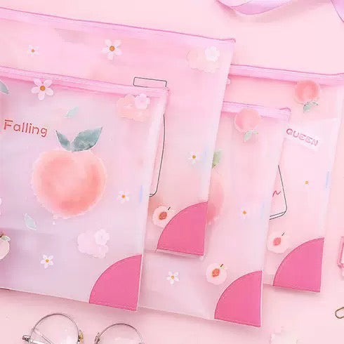 Peaches A4 Transparent TPU File Pocket - Waterproof Zipper Document Bag - Student School Office Stationery Supplies