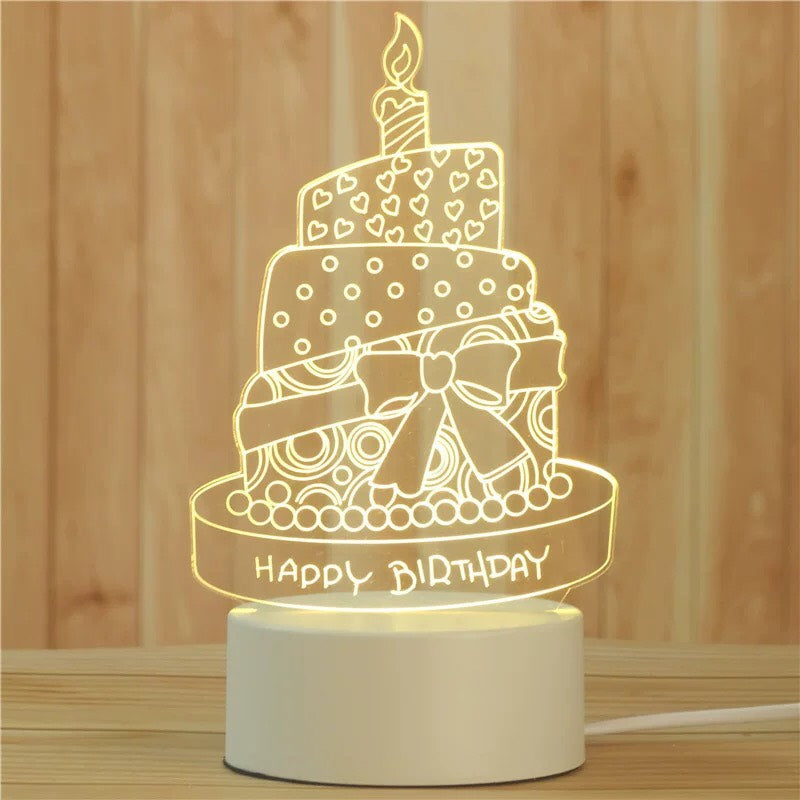 Birthday Cake 3D Night Light - LED Lamp Bedside Desk Table Lamp -  Lights with Acrylic Flat & USB Charger - as Home Decor