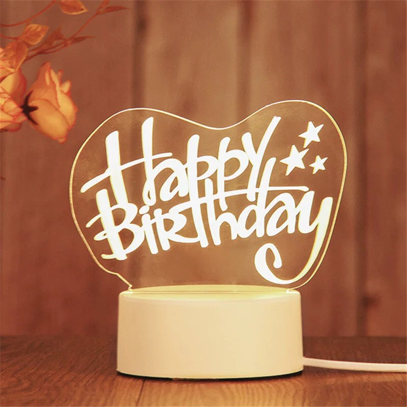 Happy Birthday - 3D Night Light -  LED Lamp - Bedside Desk Table Lamp - Lights with Acrylic Flat & USB Charger - as Home Decor