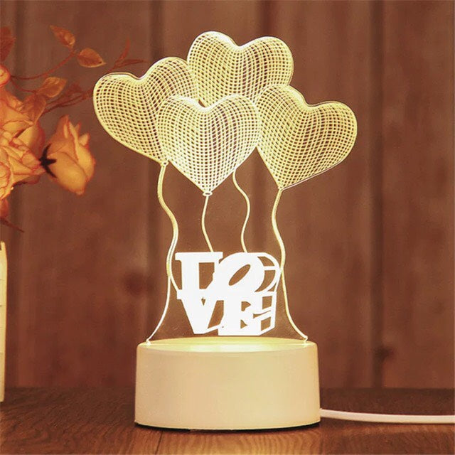 Love Balloon - 3D Night Light -  LED Lamp - Bedside Desk Table Lamp - Lights with Acrylic Flat & USB Charger - as Home Decor