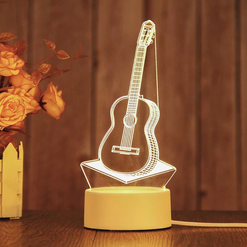 Guitar - 3D Night Light -  LED Lamp - Bedside Desk Table Lamp - Lights with Acrylic Flat & USB Charger - as Home Decor