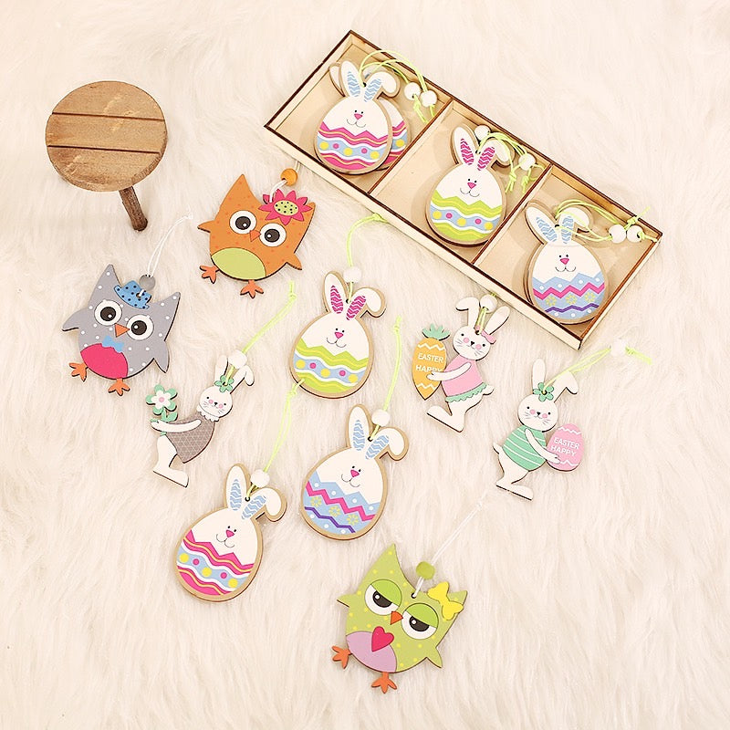 Easter Products - Easter Decorations - 9 PCS Easter Wooden Bunny Pendants - Easter Hanging Decoration Gifts