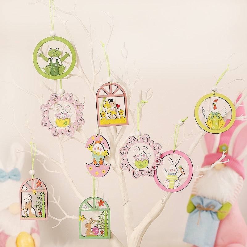 Easter Products - Easter Decorations - 9 PCS Easter Wooden Bunny Pendants - Easter Hanging Decoration Gifts