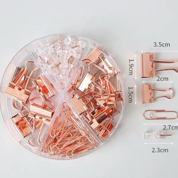 1 Box 72 PCS Color Metal Paper Clip Binder Clip Plastic Pushpin Long Tail Clip Set - Rose Gold Stationery Office Binding Supplies