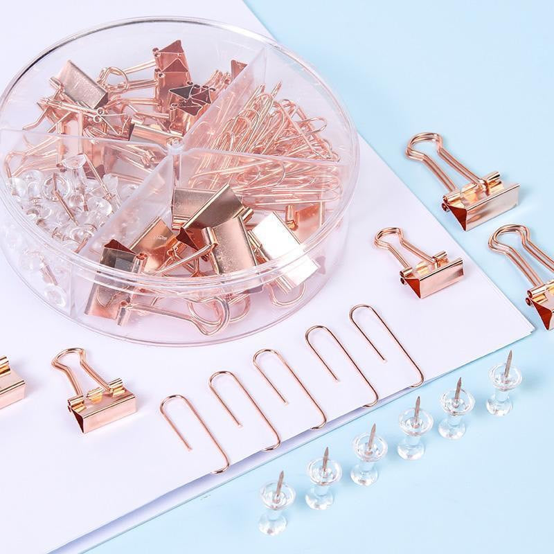 1 Box 72 PCS Color Metal Paper Clip Binder Clip Plastic Pushpin Long Tail Clip Set - Rose Gold Stationery Office Binding Supplies