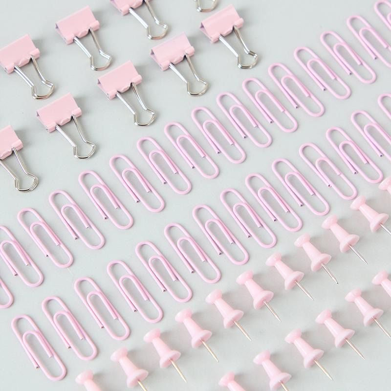 1 Box 72 PCS Color Metal Paper Clip Binder Clip Plastic Pushpin Long Tail Clip Set - Pink Stationery Office Binding Supplies