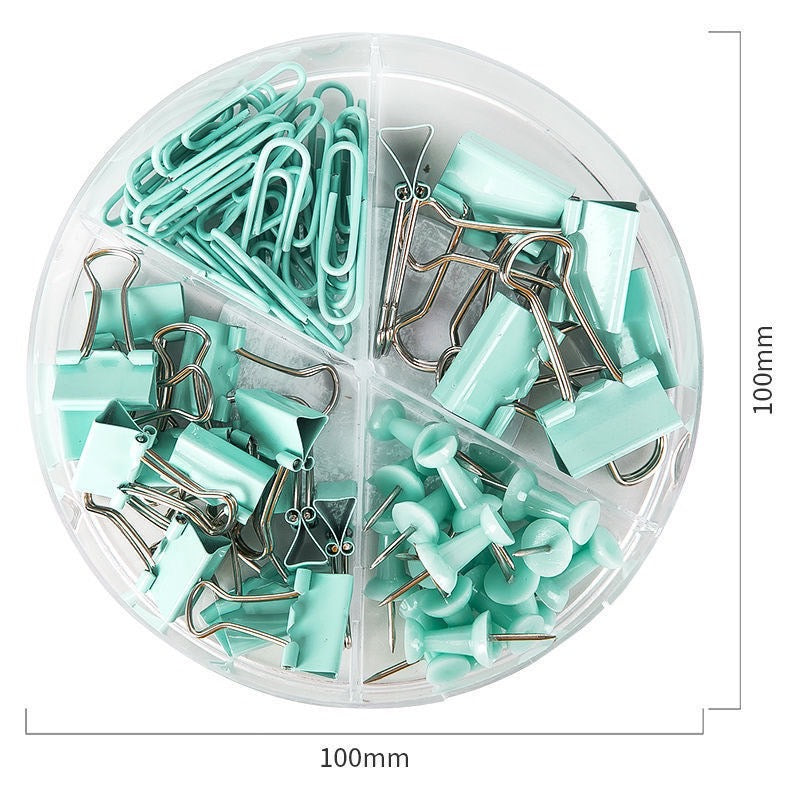 1 Box 72 PCS Color Metal Paper Clip Binder Clip Plastic Pushpin Long Tail Clip Set - Green Stationery Office Binding Supplies