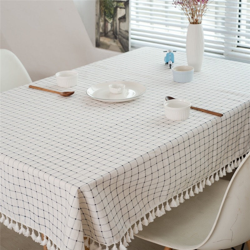 Simple Pure White-Blue and White Plaid Stripes-Tassel-Tablecloth-Decoration