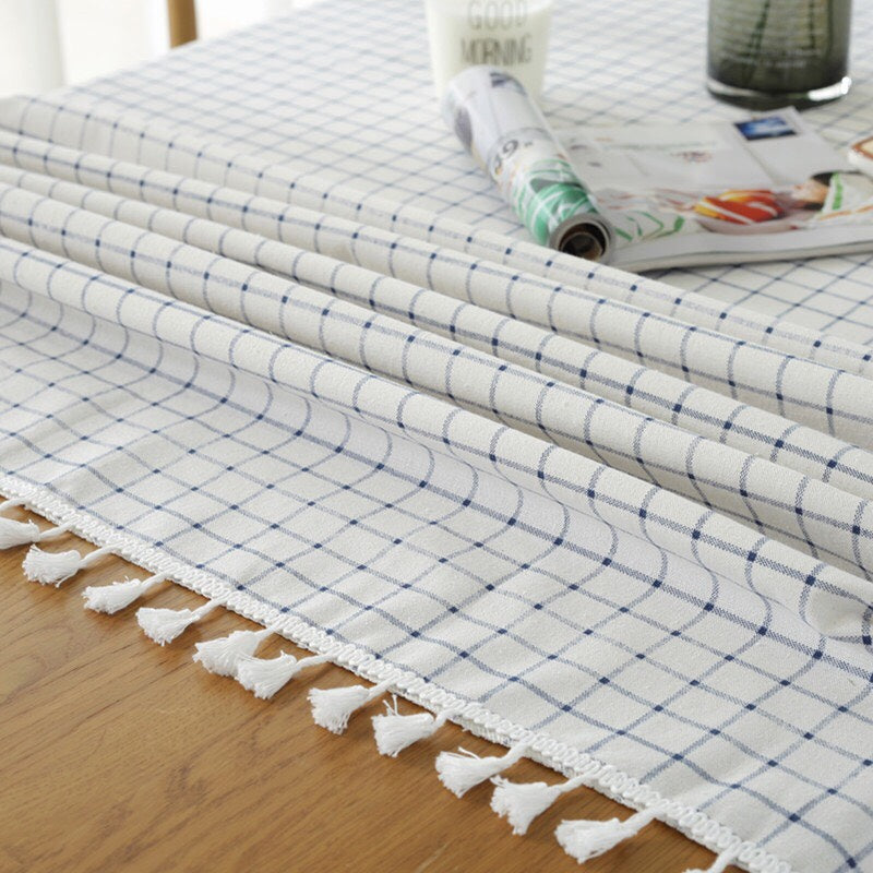 Simple Pure White-Blue and White Plaid Stripes-Tassel-Tablecloth-Decoration