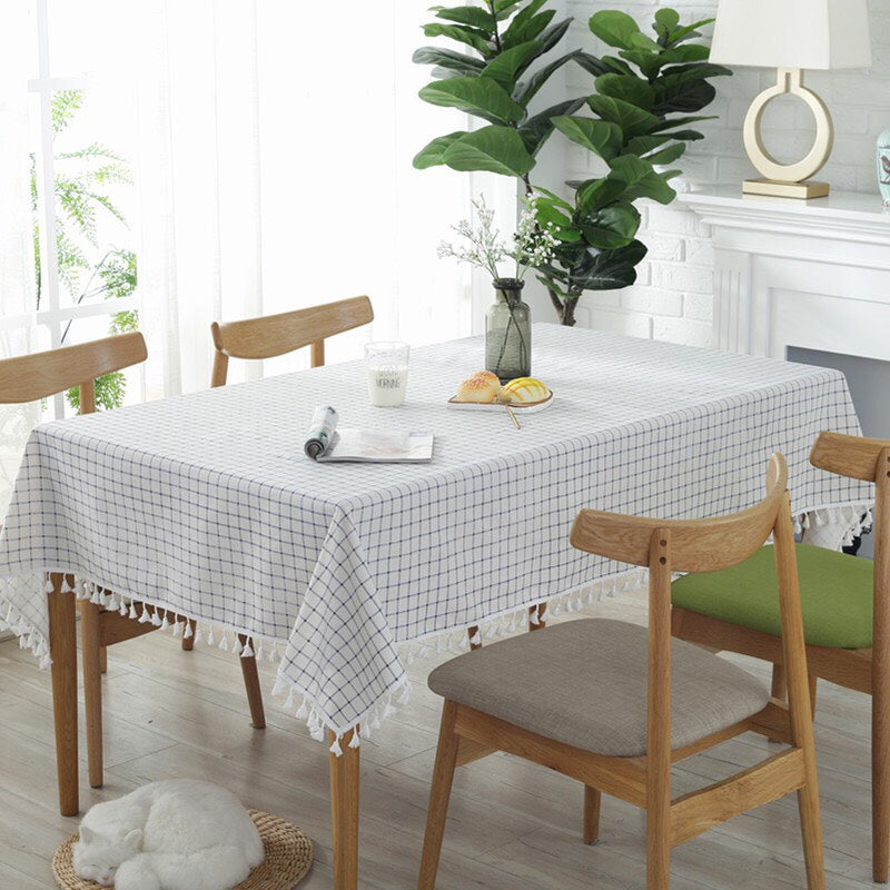 Simple Pure White-Blue and White Plaid Stripes-Tassel-Tablecloth-Decoration