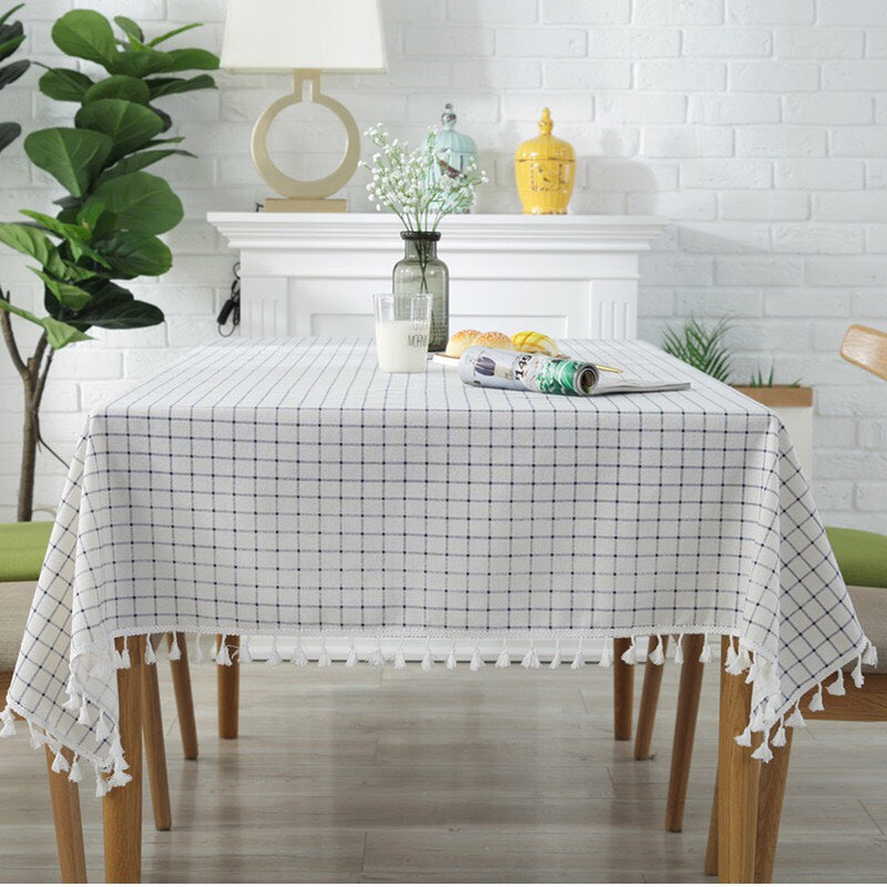 Simple Pure White-Blue and White Plaid Stripes-Tassel-Tablecloth-Decoration