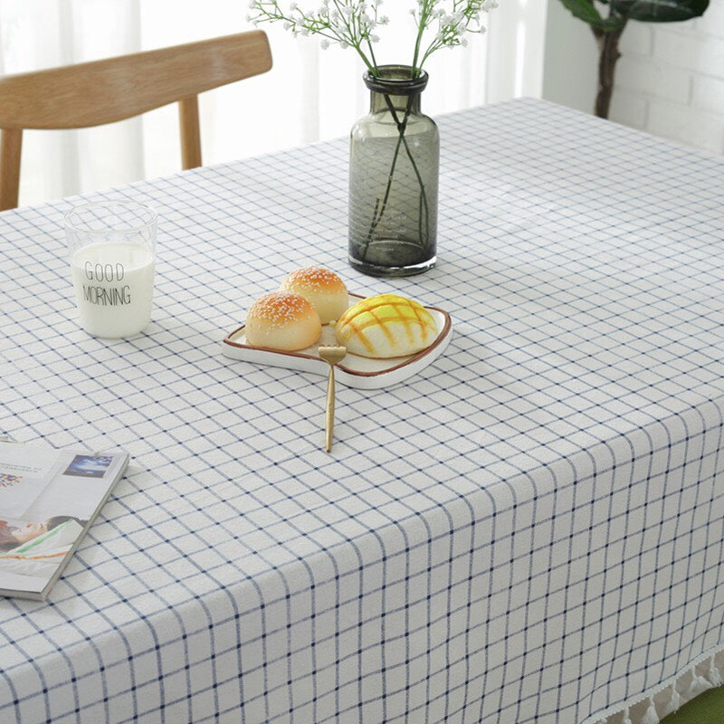 Simple Pure White-Blue and White Plaid Stripes-Tassel-Tablecloth-Decoration