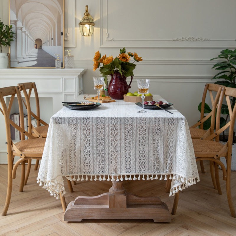 Romantic Beige - Open Lace - Crochet - Rectangular Tablecloth - Wedding Decorations