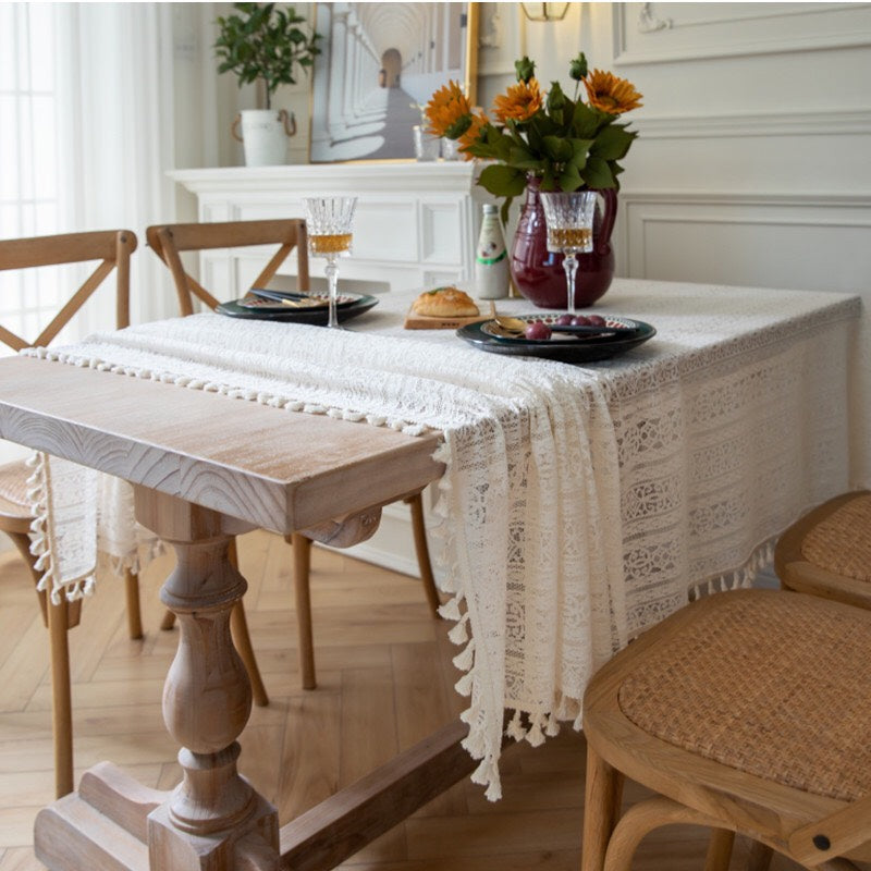 Romantic Beige - Open Lace - Crochet - Rectangular Tablecloth - Wedding Decorations