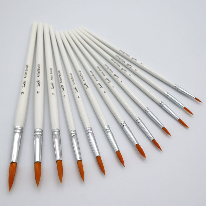 12 PCS Artist Paint Brush Set - High Quality Nylon Hair Wood Watercolor Acrylic Oil Brush Painting Art Supplies