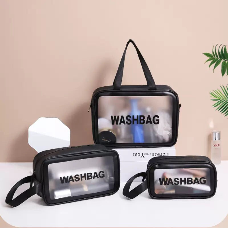 Large Capacity PVC Clear Cosmetic Bag - Travel Toiletry Bag - Wash Bag - Gym Bag (Black, M)