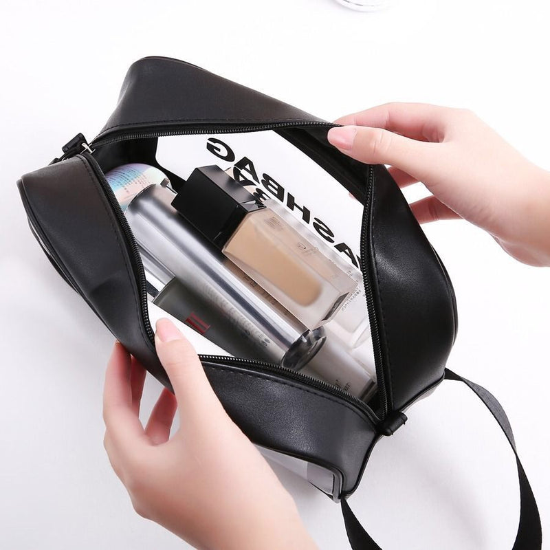 Large Capacity PVC Clear Cosmetic Bag - Travel Toiletry Bag - Wash Bag - Gym Bag (Black, M)