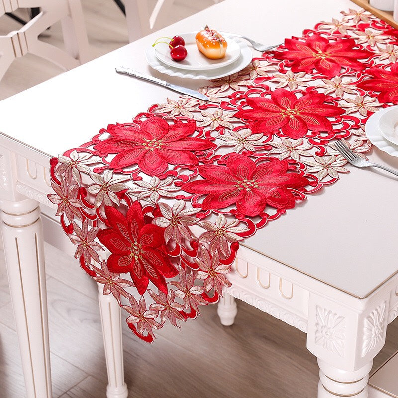 Christmas Table Runner - Embroidered Table Runner - Red Table Linens for Christmas Decorations