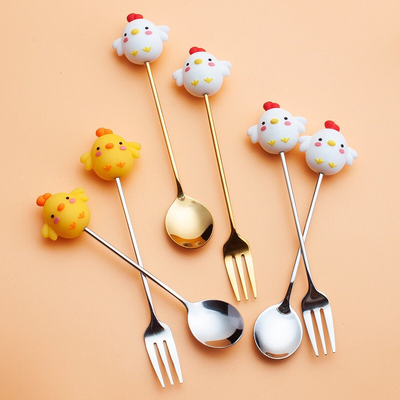 Spoons & Forks - Stainless Steel Coffee Spoons - Dessert Forks & Spoons Little Yellow Chicken / Little White Chicken Decor Kitchen - 4 Pack