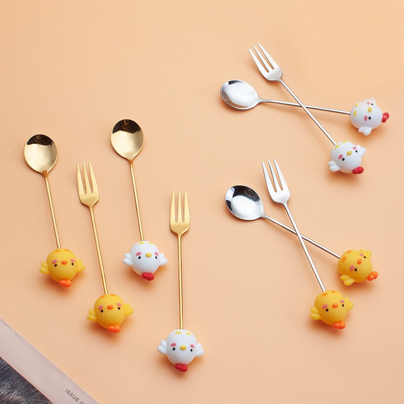 Spoons & Forks - Stainless Steel Coffee Spoons - Dessert Forks & Spoons Little Yellow Chicken / Little White Chicken Decor Kitchen - 4 Pack