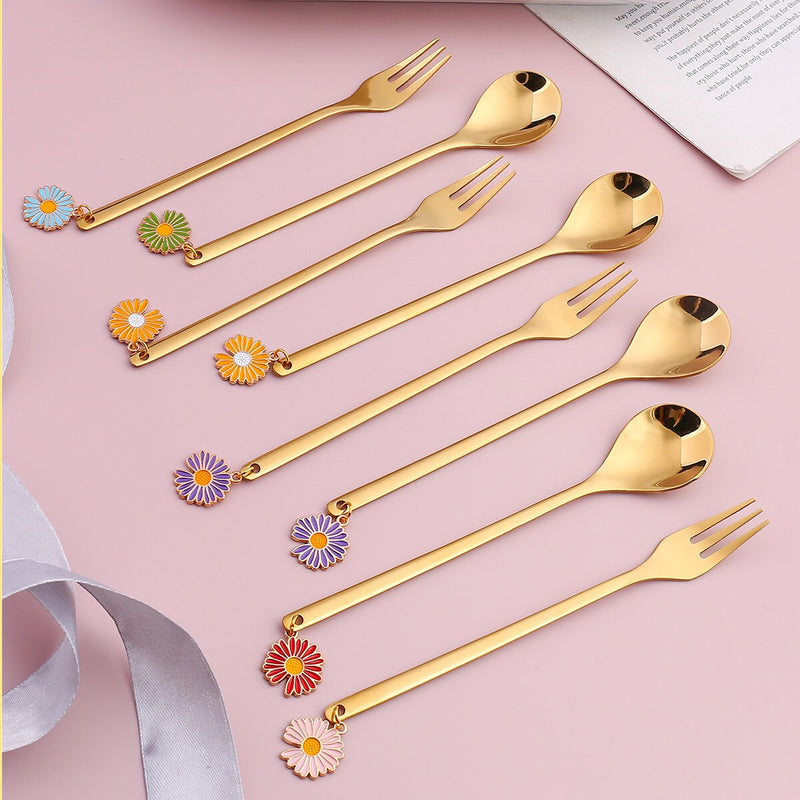 Spoons & Forks - Stainless Steel Coffee Spoons - Dessert Forks & Spoons Yellow Flower 2 Pack