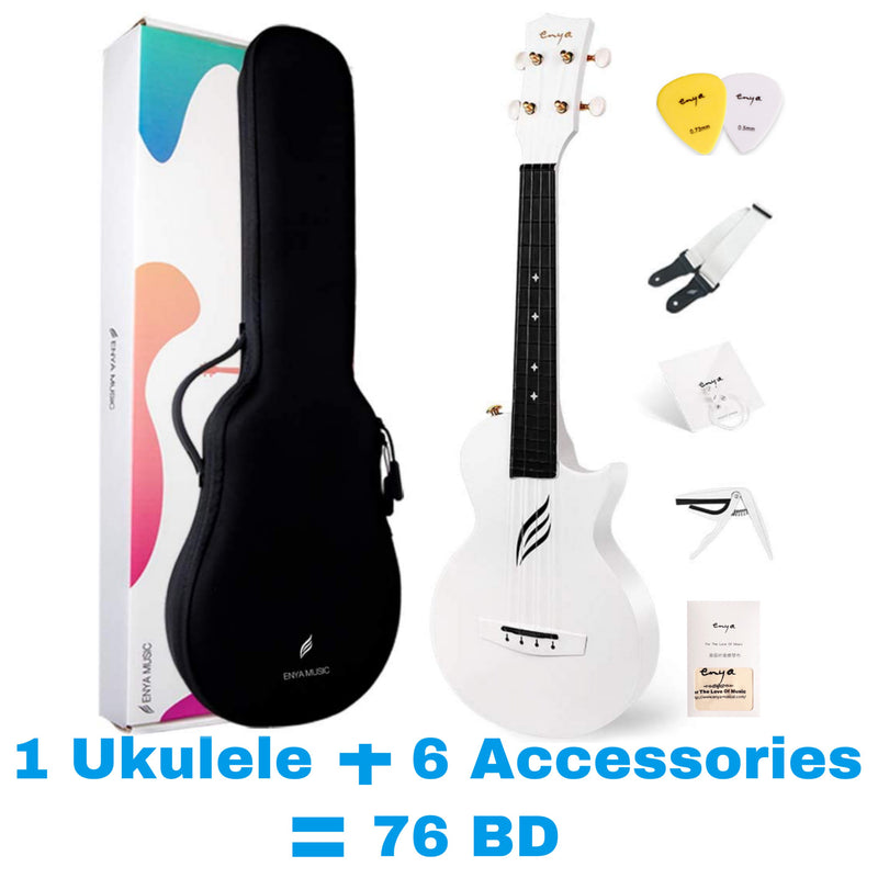 Enya NOVA U Concert 23” Ukulele - White - Carbon Fiber Travel Ukulele  - With Beginner Kit includes Case, Picks (2 pcs), Strap, Strings, Capo and Polish Cloth