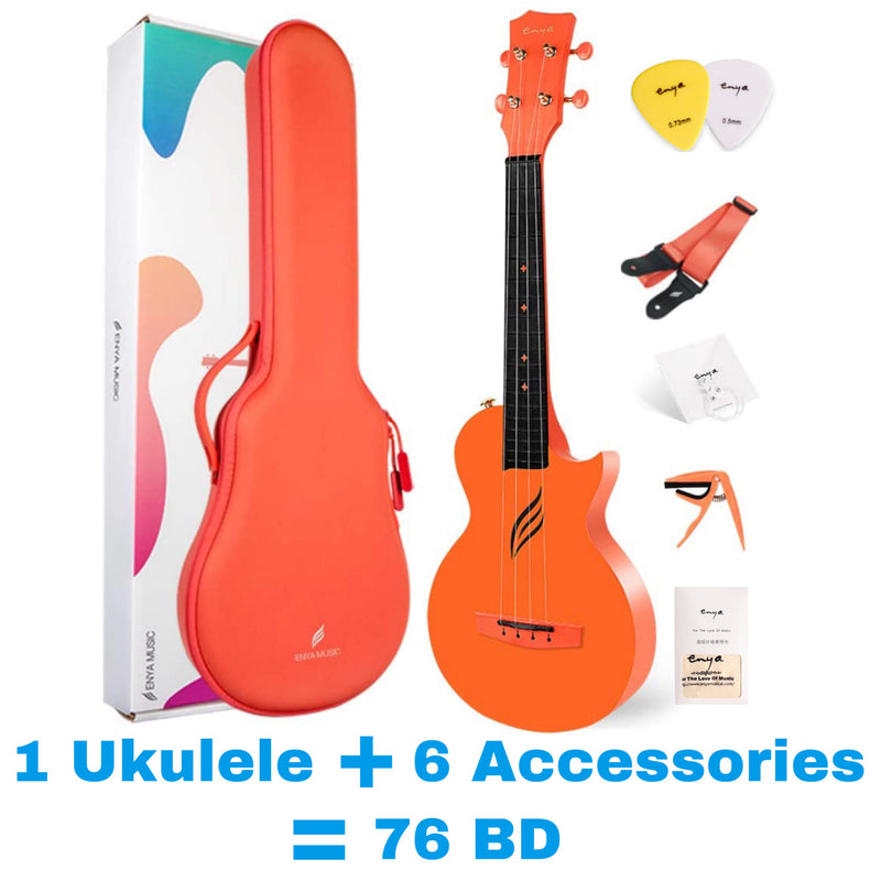 Enya NOVA U Concert 23” Ukulele - Orange - Carbon Fiber Travel Ukulele  - With Beginner Kit includes Case, Picks (2 pcs), Strap, Strings, Capo and Polish Cloth