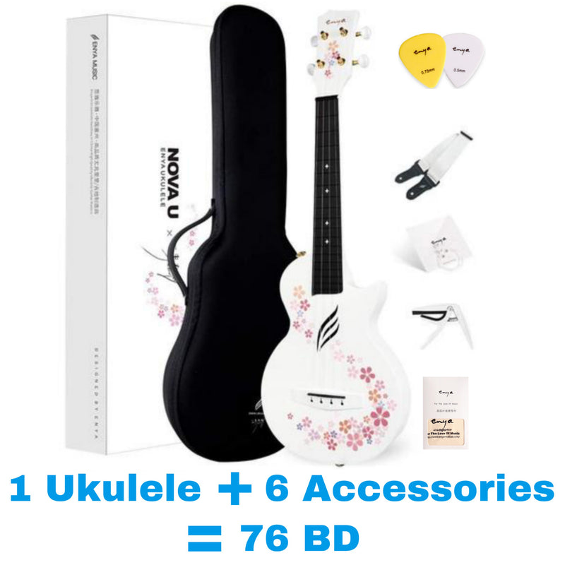 Enya NOVA U Concert 23” Ukulele - Flower - Carbon Fiber Travel Ukulele  - With Beginner Kit includes Case, Picks (2 pcs), Strap, Strings, Capo and Polish Cloth