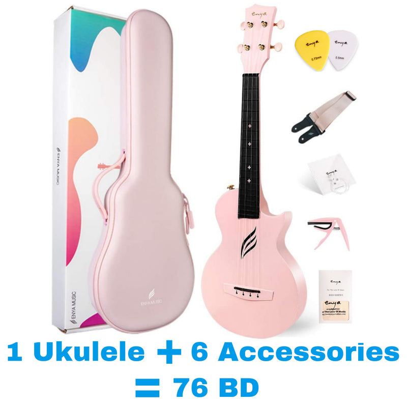 Enya NOVA U Concert 23” Ukulele - Pink - Carbon Fiber Travel Ukulele  - With Beginner Kit includes Case, Picks (2 pcs), Strap, Strings, Capo and Polish Cloth