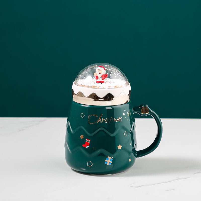 Christmas Coffee Mug - Cute Ceramic Cup with Lid Handle Spoon - Reusable Santa Claus Tea Cups Funny Christmas Gifts for Women Men