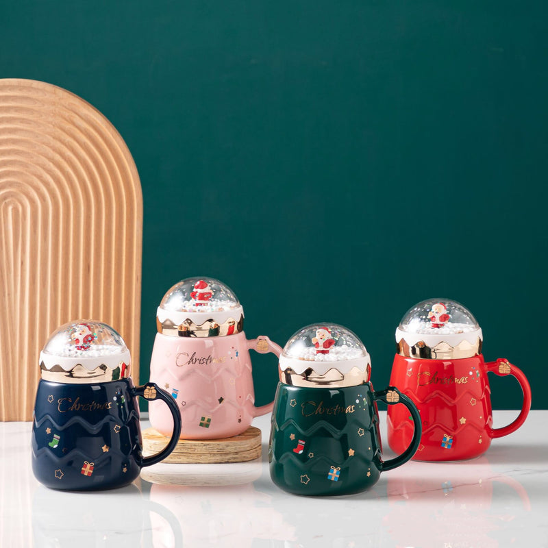 Christmas Coffee Mug - Cute Ceramic Cup with Lid Handle Spoon - Reusable Santa Claus Tea Cups Funny Christmas Gifts for Women Men